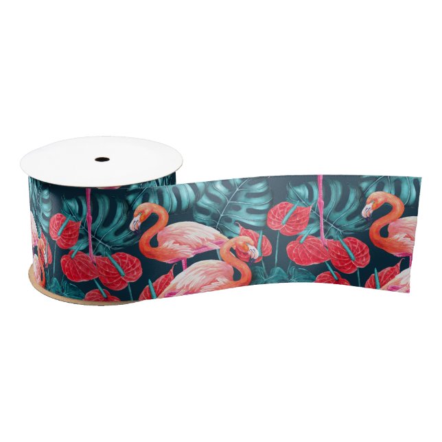 Flamingo birds and tropical garden watercolor satin ribbon (Spool)