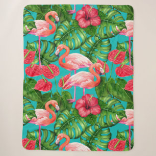 Flamingo birds and tropical garden watercolor sherpa blanket