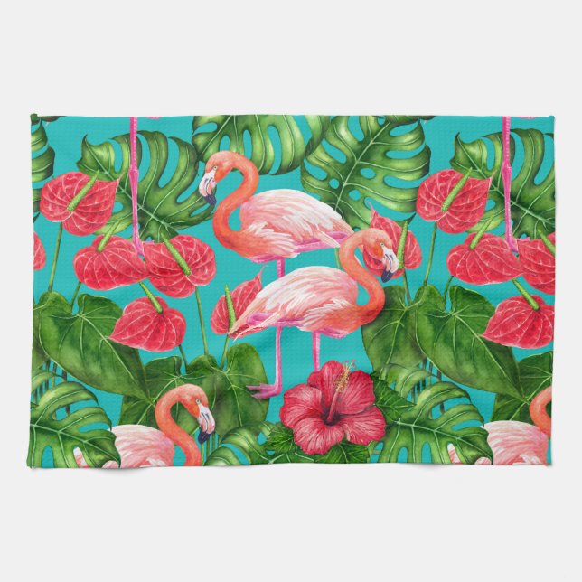 Flamingo birds and tropical garden watercolor tea towel (Horizontal)