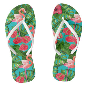 Flamingo birds and tropical garden watercolor thongs