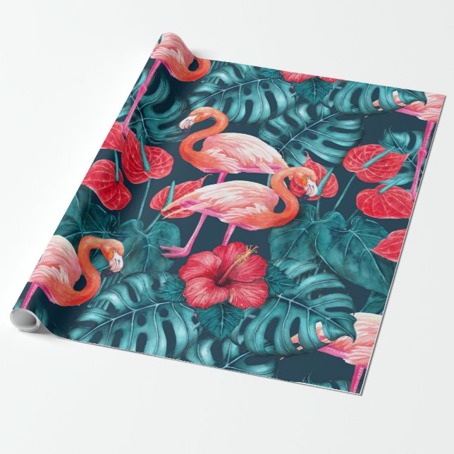 Flamingo birds and tropical garden watercolor wrapping paper (Unrolled)