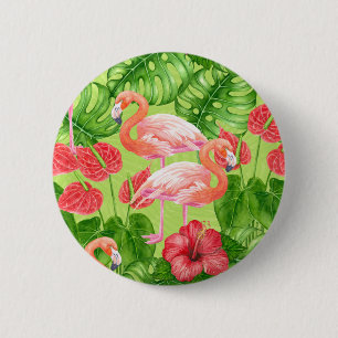 Flamingo birds and tropical plants 6 cm round badge