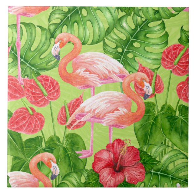 Flamingo birds and tropical plants ceramic tile (Front)