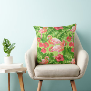 Flamingo birds and tropical plants cushion