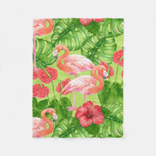 Flamingo birds and tropical plants fleece blanket