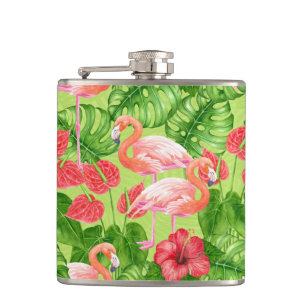 Flamingo birds and tropical plants hip flask