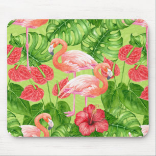 Flamingo birds and tropical plants mouse pad