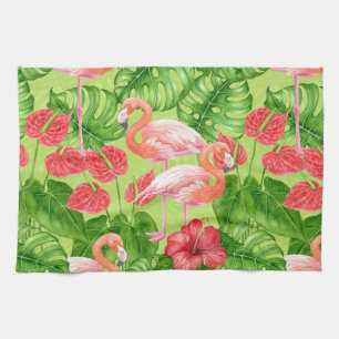 Flamingo birds and tropical plants tea towel