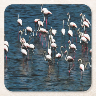 Flamingo Birds In Pink and White On Inkwell Blue Square Paper Coaster
