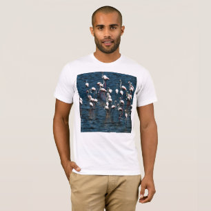 Flamingo Birds In Pink and White On Inkwell Blue T-Shirt