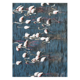 Flamingo Birds In Pink and White On Inkwell Blue Tablecloth