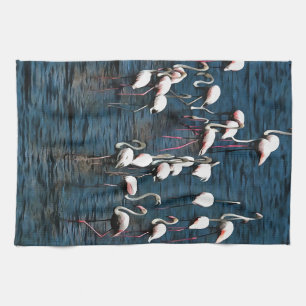 Flamingo Birds In Pink and White On Inkwell Blue Tea Towel