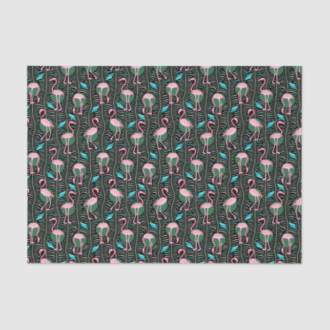 Flamingo Birds Pattern 20s Deco Ferns Pink Black Tissue Paper (Front)