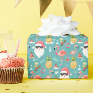 Flamingo Birds Santa Claus Christmas in July Party Wrapping Paper