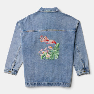 Flamingo Birds, Tropical Flowers and Leaves Denim Jacket