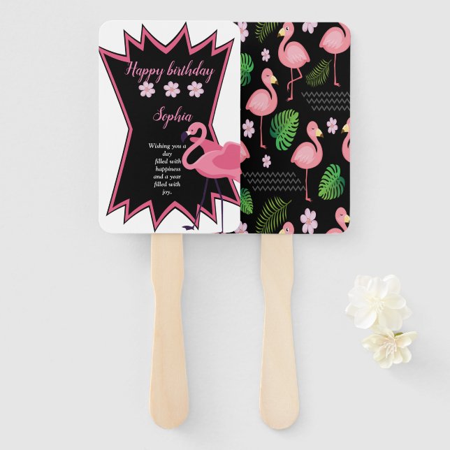 Flamingo birthday hand fan (Front and Back)