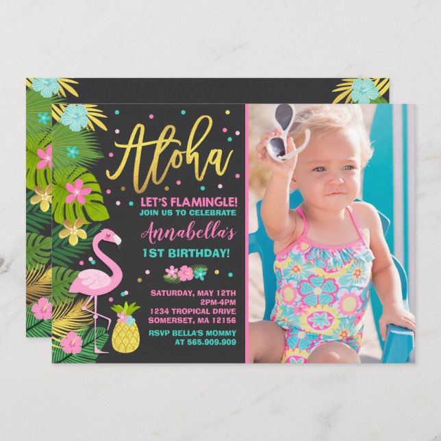 Flamingo Birthday Invitation Topical Luau Party (Front/Back)