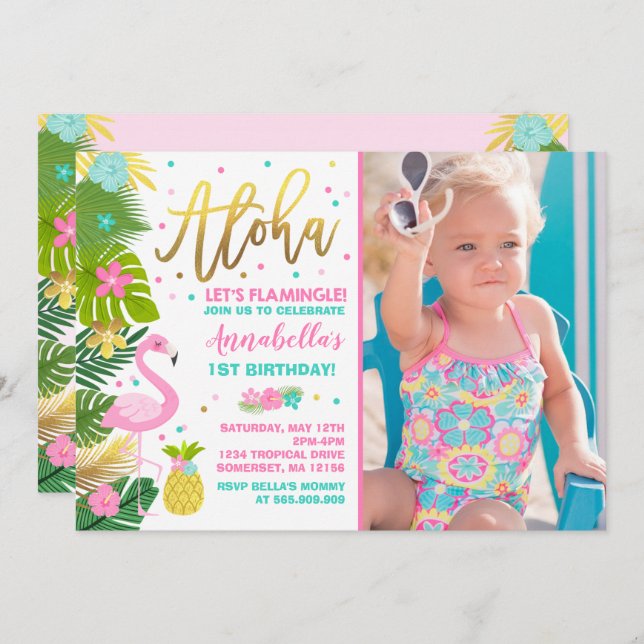 Flamingo Birthday Invitation Topical Luau Party (Front/Back)
