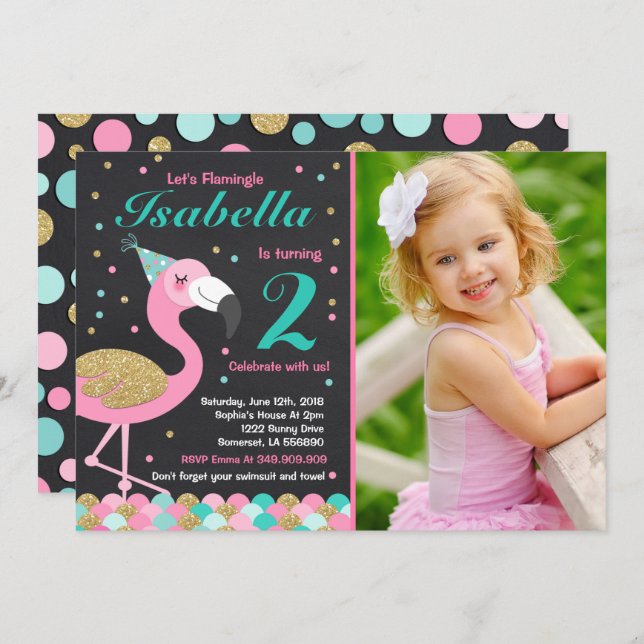 Flamingo Birthday Invitation Topical Pool Party (Front/Back)