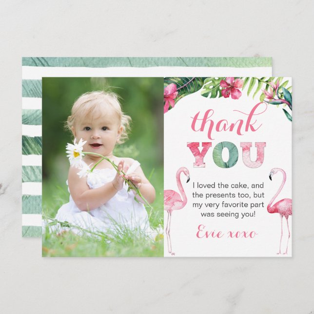 Flamingo Birthday Party Picture Thank You Card (Front/Back)