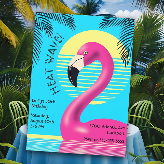 Flamingo Birthday Party Tropical Pink Summer Retro Invitation (Hot pink flamingo themed birthday party invitation for a Summer outdoor pool party. Colorful Retro!)