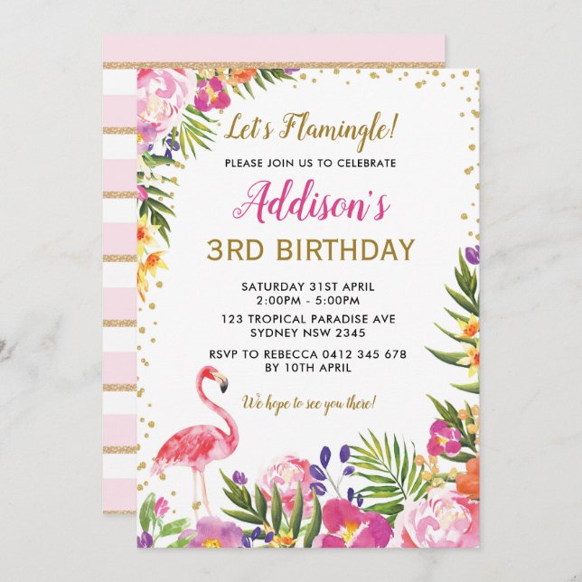 Flamingo Birthday Party Tropical Summer Floral Invitation (Front/Back)