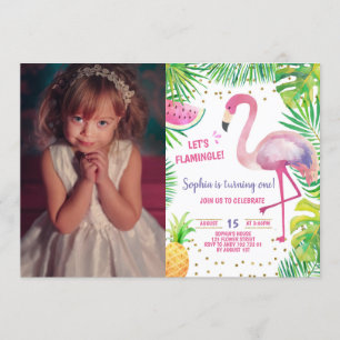 Flamingo Birthday Pool Party Tropical Girl Photo Invitation