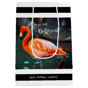 Flamingo Black White Stripes Script Name Modern Medium Gift Bag