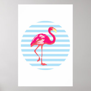 Flamingo, blue and white stripes, summer poster
