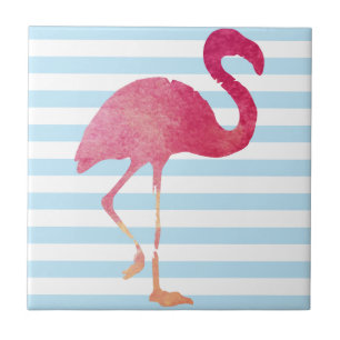 Flamingo, blue and white stripes tile