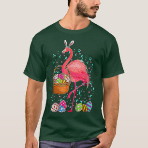Flamingo Bringing Easter Bunny Eggs Basket Happy E T-Shirt