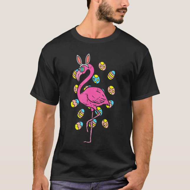 Flamingo Bunny Ears Glasses Eggs Easter Bird Anima T-Shirt (Front)