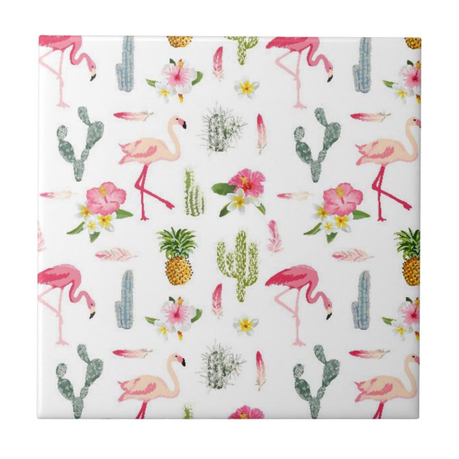 Flamingo Cactus Pineapple Hibiscus Pattern Ceramic Tile (Front)