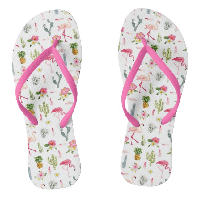 Flamingo Cactus Pineapple Hibiscus Pattern Thongs (Footbed)