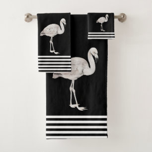 Flamingo Chic Black White Boho Tropical Bath Towel Set