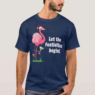 Flamingo Christmas Bird w Martini Glass Funny T-Shirt
