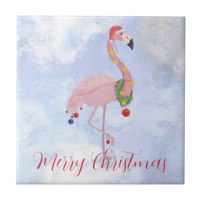 Flamingo Christmas Colour Lights  Ceramic Tile (Front)