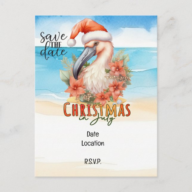  Flamingo Christmas in July save the date Holiday Postcard (Front)