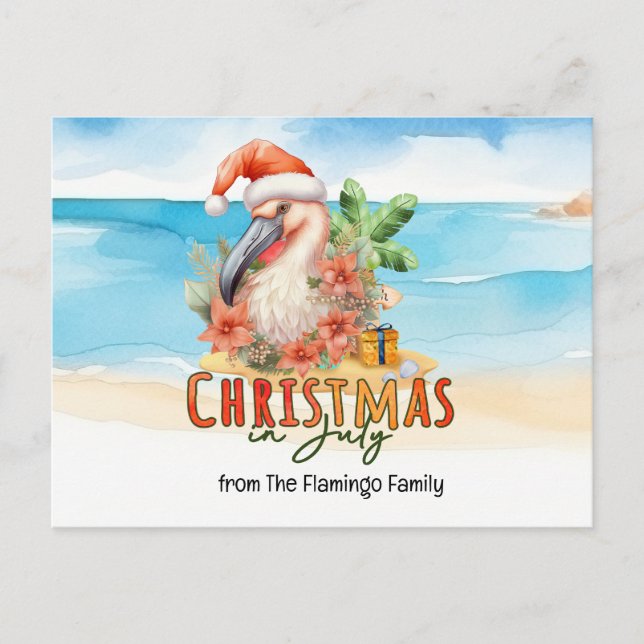  Flamingo Christmas in July watercolor Holiday Postcard (Front)