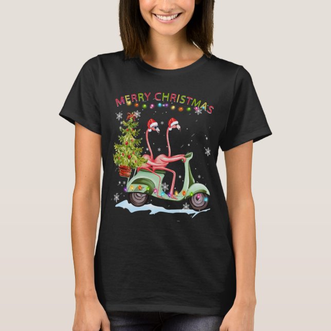 Flamingo Christmas Motorcycle Xmas Lights Merry Ch T-Shirt (Front)