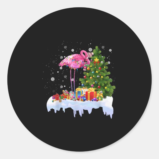 Flamingo Christmas Tree Lights Classic Round Sticker (Front)