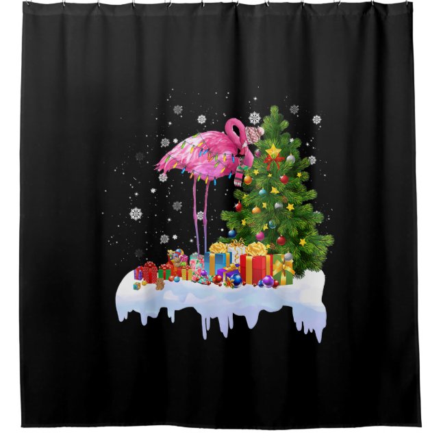 Flamingo Christmas Tree Lights Shower Curtain (Front)