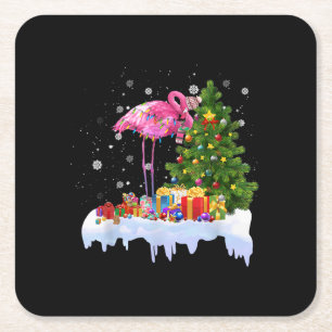 Flamingo Christmas Tree Lights Square Paper Coaster