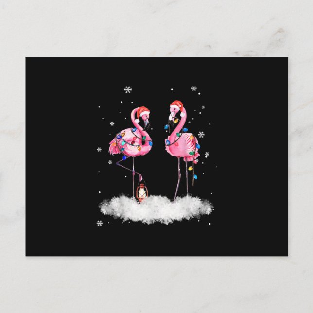 Flamingo Christmas Tree Santa Hat Light Announcement Postcard (Front)