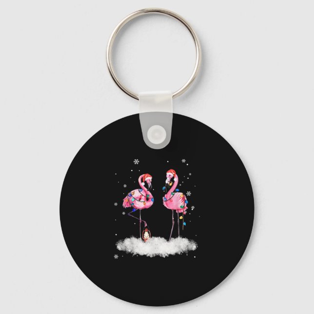 Flamingo Christmas Tree Santa Hat Light Key Ring (Front)