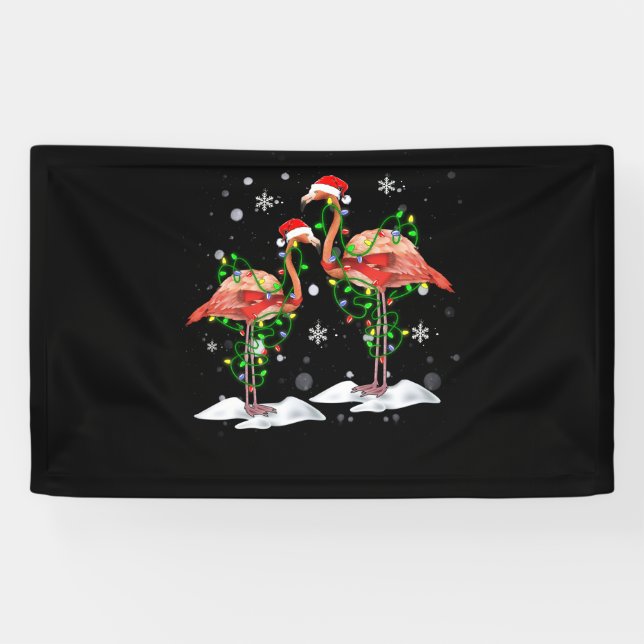 Flamingo Christmas Tree Santa Hat Light Merry Banner (Horizontal)