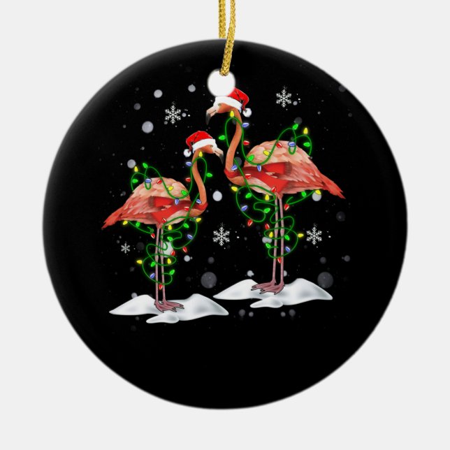 Flamingo Christmas Tree Santa Hat Light Merry Ceramic Ornament (Front)