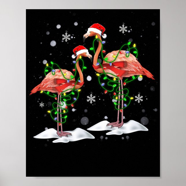 Flamingo Christmas Tree Santa Hat Light Merry Poster (Front)