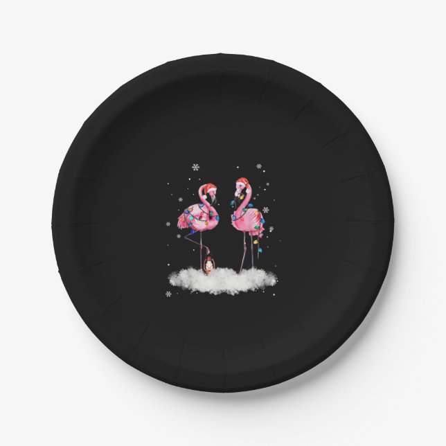 Flamingo Christmas Tree Santa Hat Light Paper Plate (Front)