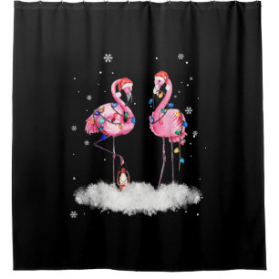 Flamingo Christmas Tree Santa Hat Light Shower Curtain